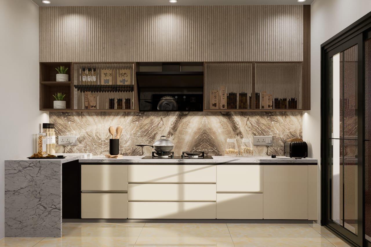 An open kitchen interior design with excellent lighting and modular storage