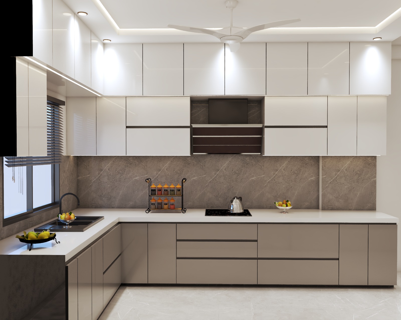 An open kitchen in a modernized hall that contains a dining and living space.