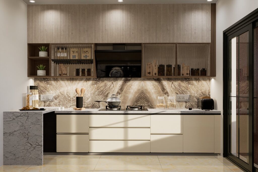 An open kitchen design with excellent lighting and modular storage