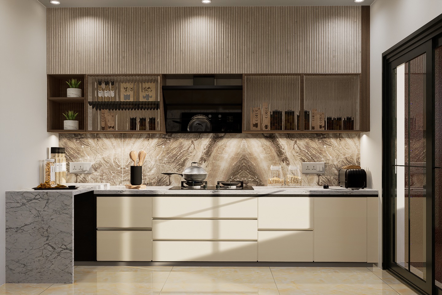 An open kitchen design with excellent lighting and modular storage